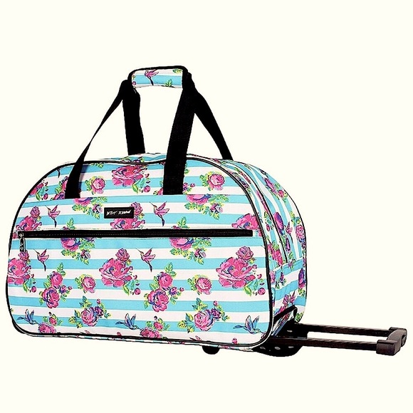 $160 Betsy Johnson Carry On Duffel Roses + Stripes - Picture 3 of 16